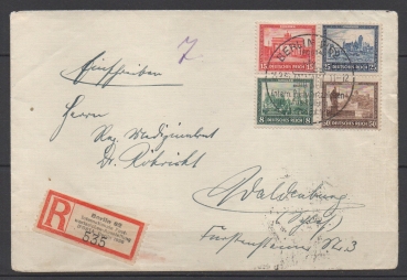 Michel Nr. 446 - 449 (Herzstück aus Block 1), Postwertzeichen-Ausstellung auf Einschreibebrief.